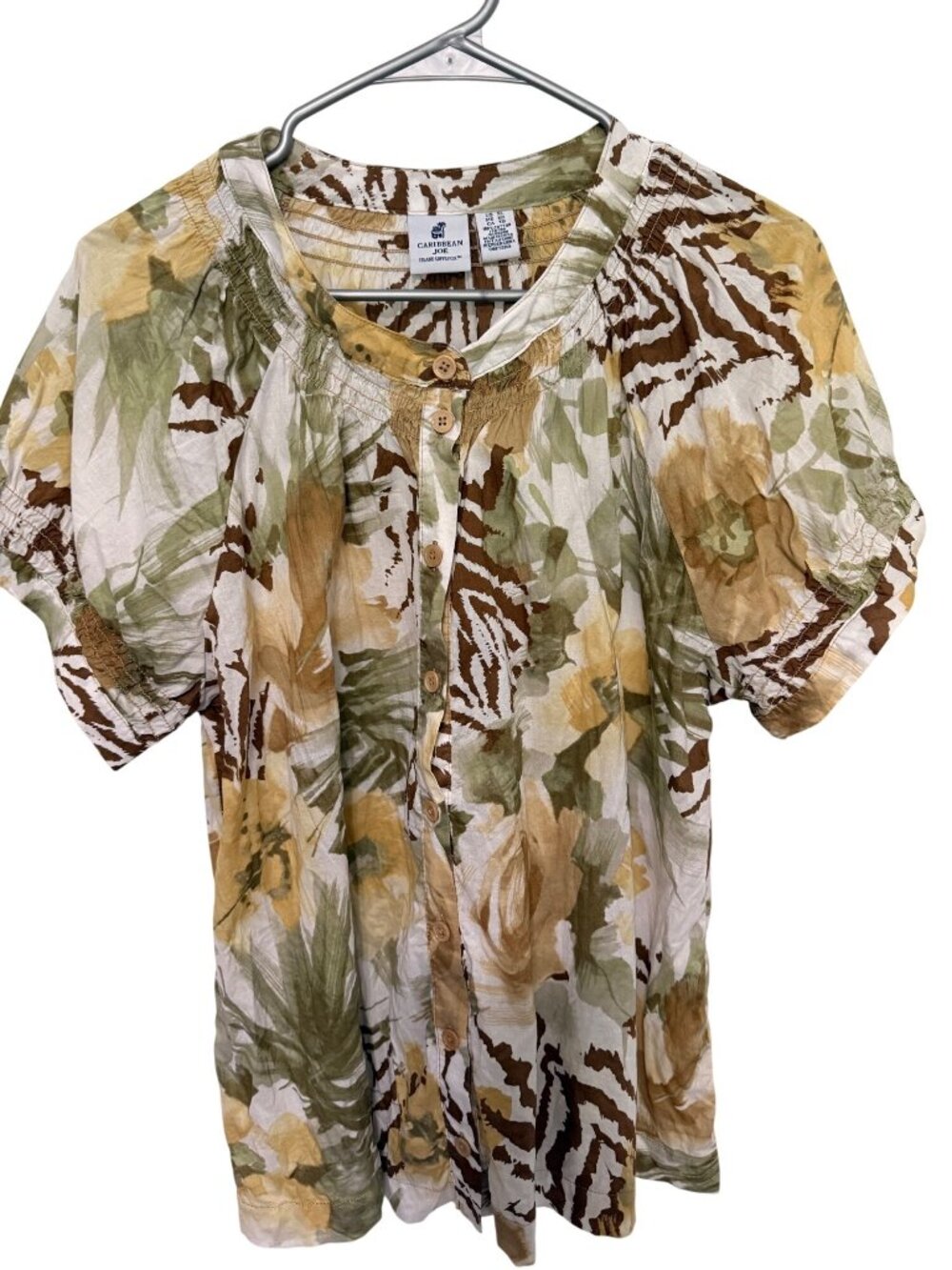Caribbean Joe Blouse White Olive Tan Floral Gatherered Trim Womans XL